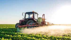 A tractor spraying soybean field in the spring